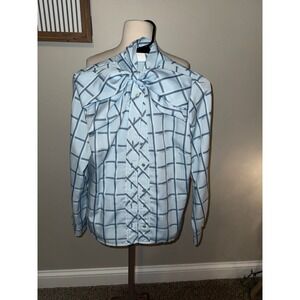 Vintage Blue Plaid Button Up Shirt with Bow Tie Neck Blouse Size 13